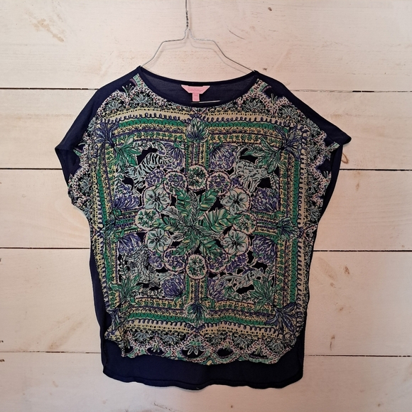 Lilly Pulitzer Short Sleeve Jungle Theme Shirt Blouse Size XS Silk Front - Picture 1 of 7